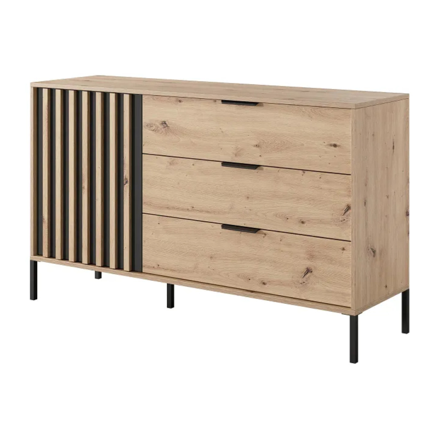 Comò Moderno Con 3 Cassetti E Anta Battente Cassettiera Mobile Contenitore Elegante Base In Metallo 137.3 x 81.4 x 39.5 Cm Rovere E Grigio Antracite