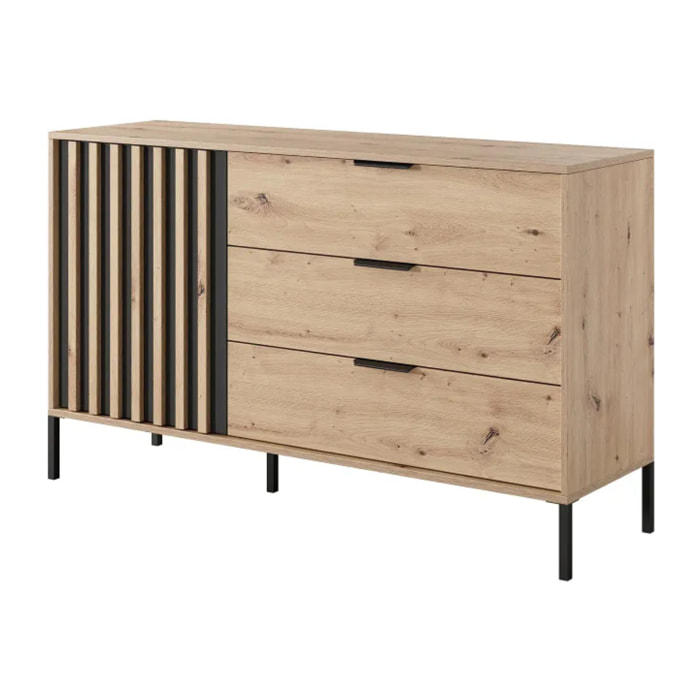 Comò Moderno Con 3 Cassetti E Anta Battente Cassettiera Mobile Contenitore Elegante Base In Metallo 137.3 x 81.4 x 39.5 Cm Rovere E Grigio Antracite