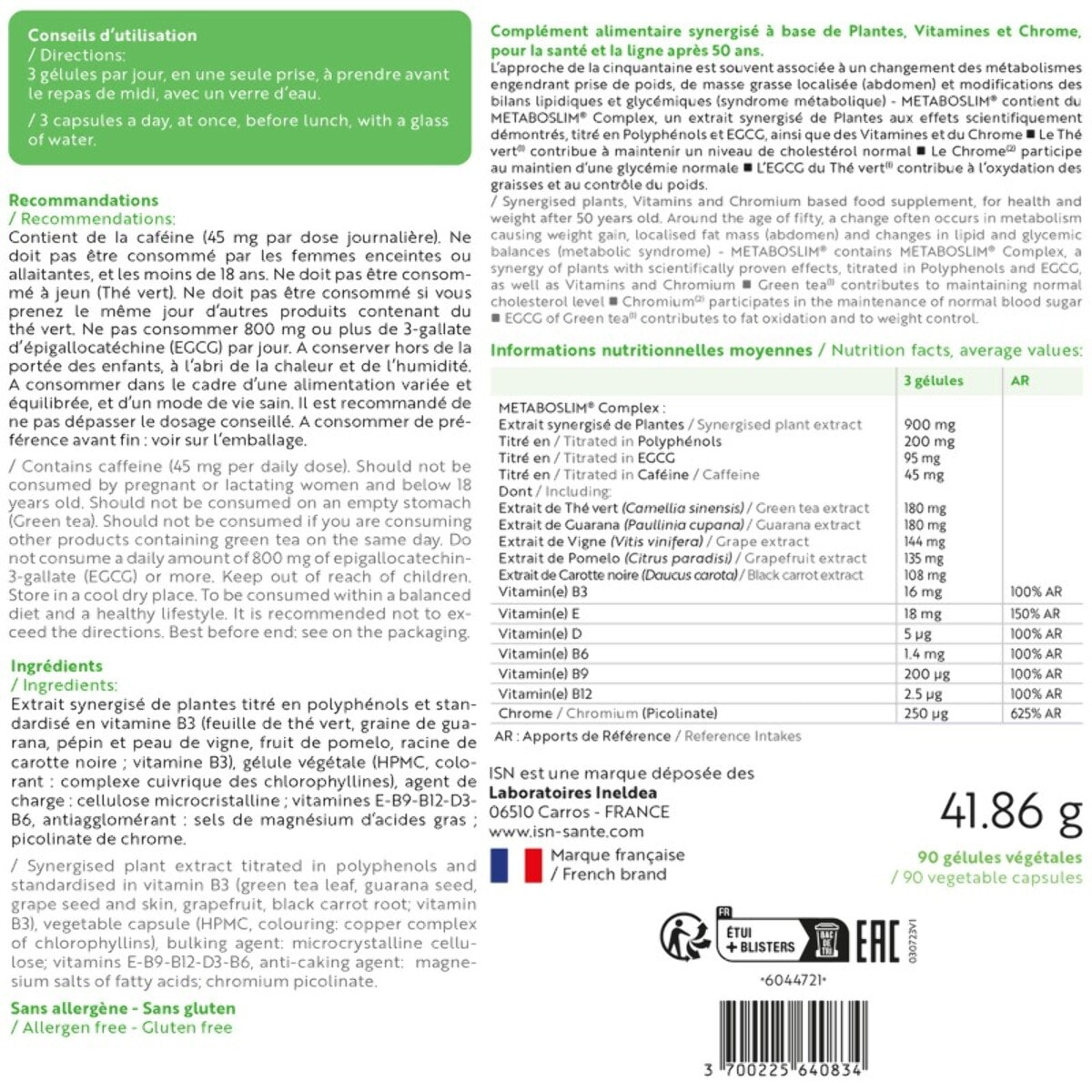 ISN - Metaboslim - Favorise la Perte de Poids - Participe au contrôle de la glycémie et du taux de cholestérol - Extrait de plantes synergisé - Action cliniquement prouvée - Sans Allergène - Cure 30 jours