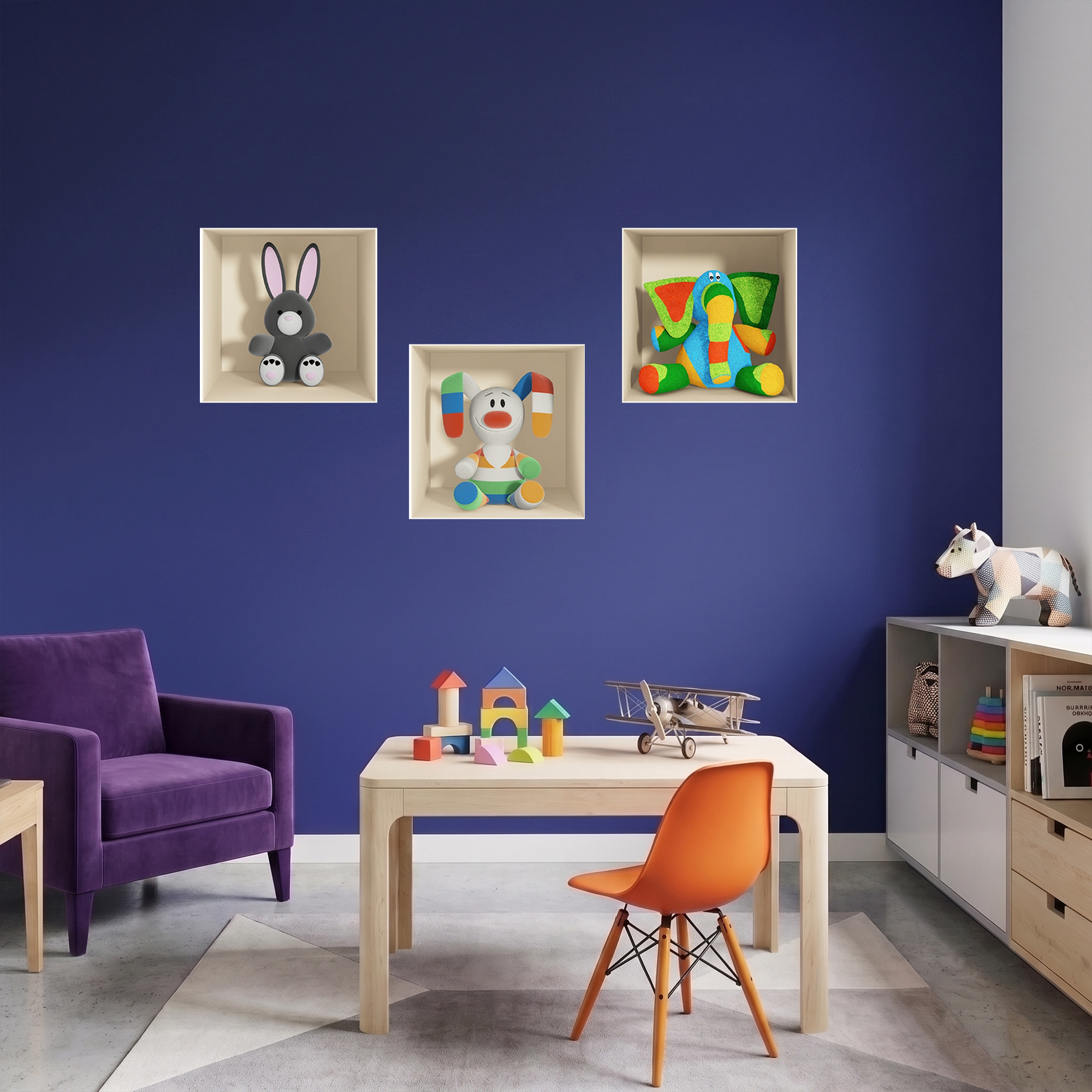 Stickers muraux 3D | Sticker Mural Autocollant effet 3D jouets Ãƒâ€°léphant, lapin gris et lapin en couleurs - Stickers adhésifs 3D Chambre Salon Trompe l'oeil