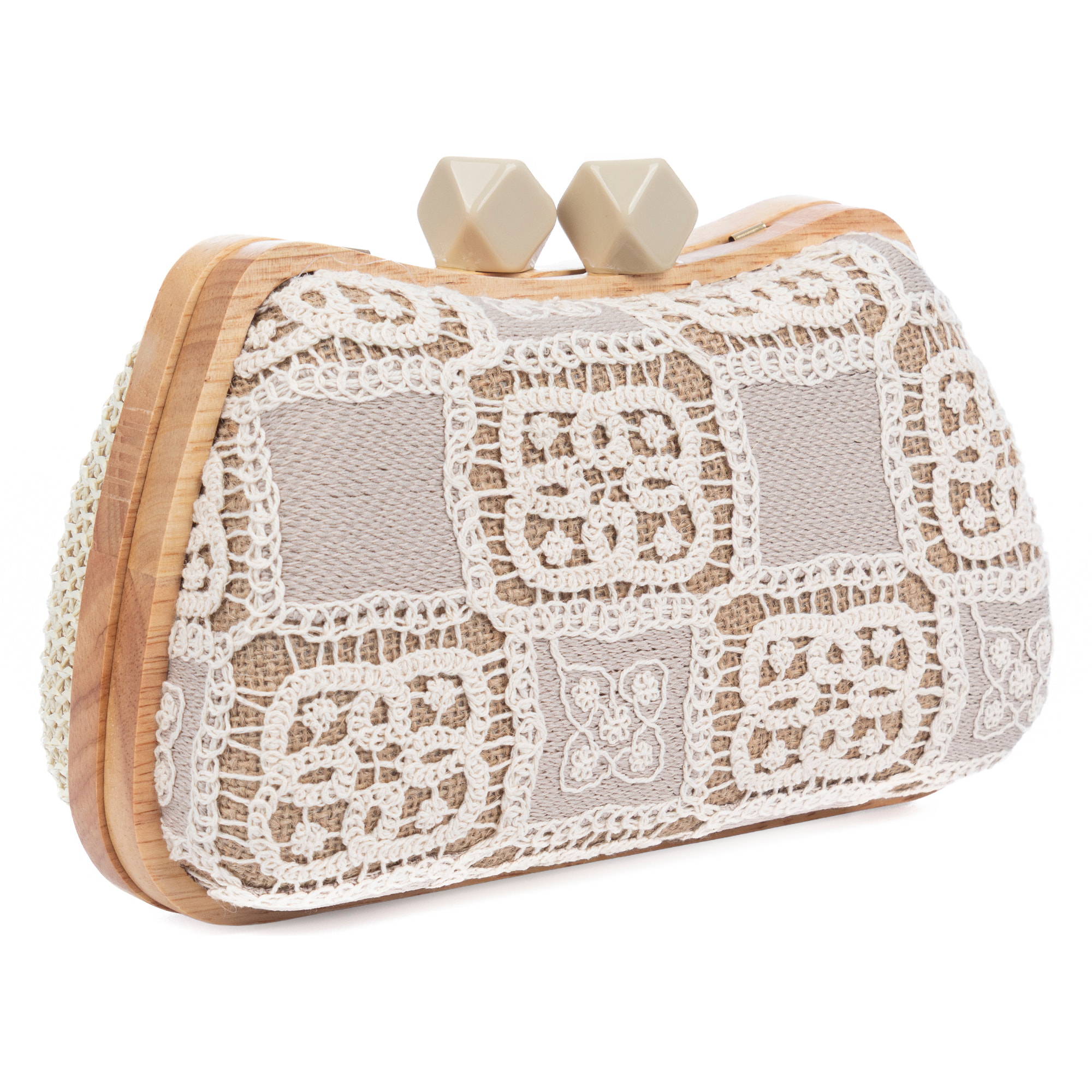 Bonamico Bolso bandolera Mujer. Fabricado en madera natural, algodón y paja trenzada.