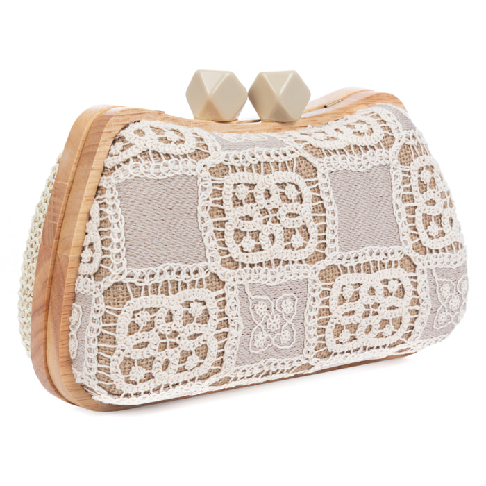 Bonamico Bolso bandolera Mujer. Fabricado en madera natural, algodón y paja trenzada.