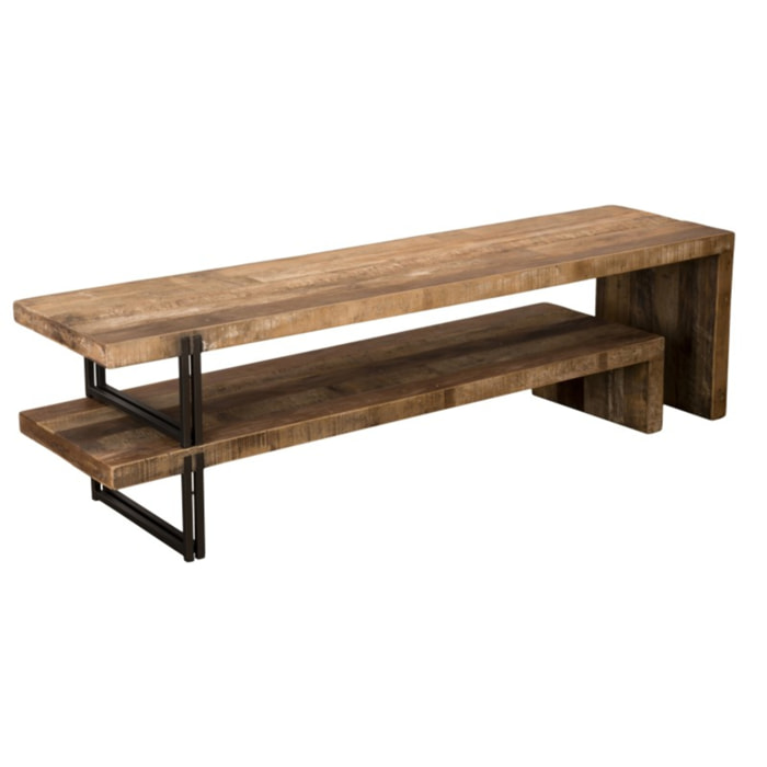 SIXTINE - Meuble TV marron 2 niveaux Teck recyclé Acacia Mahogany recyclé et métal noir
