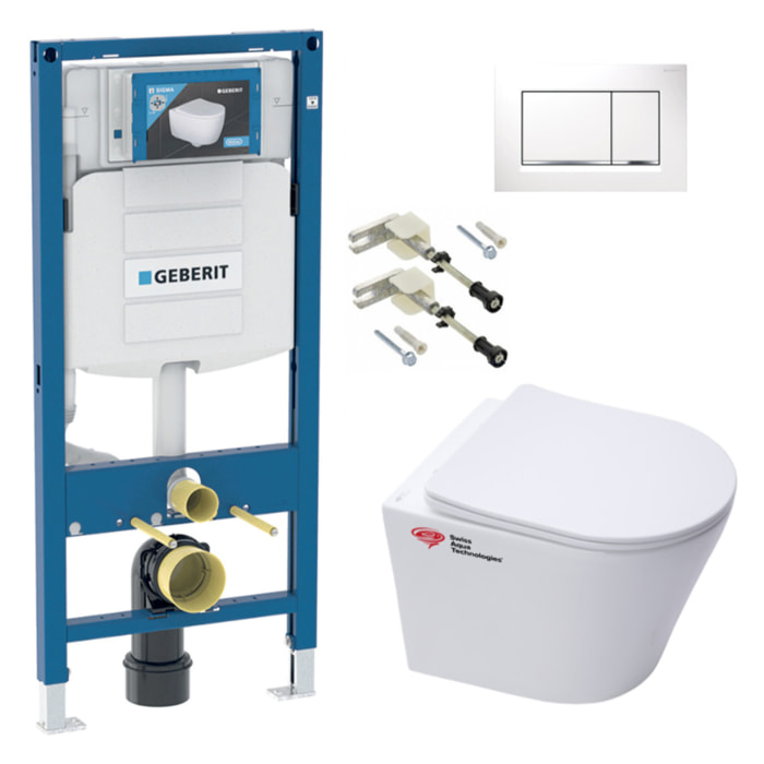 Pack WC Bati-support Geberit + WC Swiss Aqua Technologies sans bride + abattant SoftClose + plaque blanche (Geb SAT Infinitio-H)