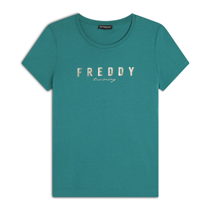 T-shirt in jersey con logo oro chiaro sul fronte