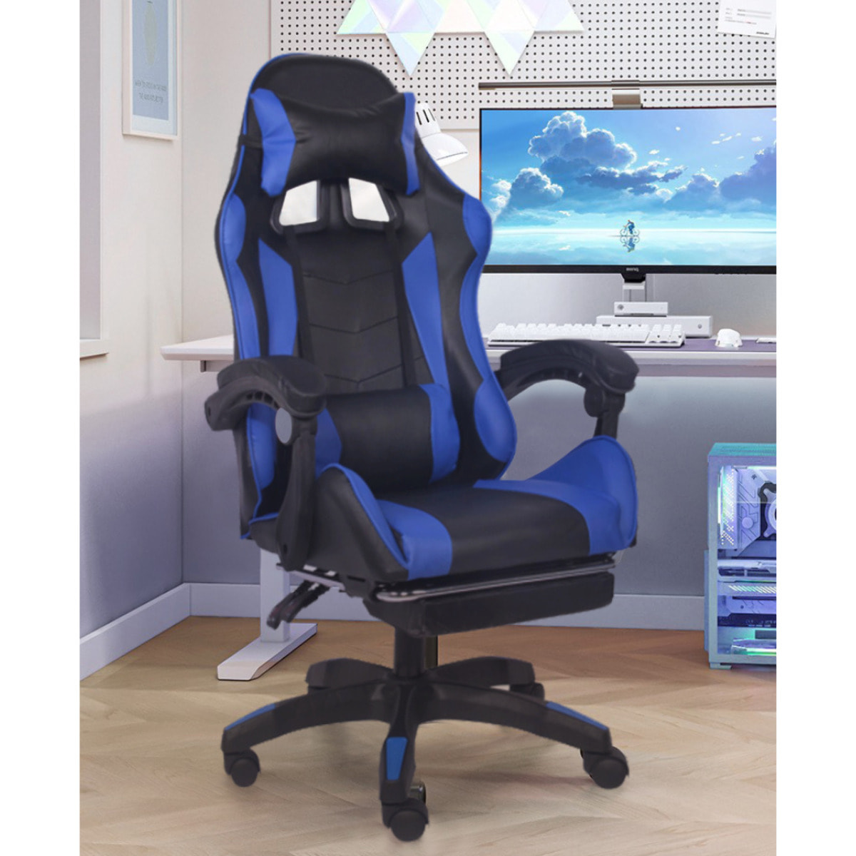 Chaise de gaming massante noir et bleu avec repose pieds GAME