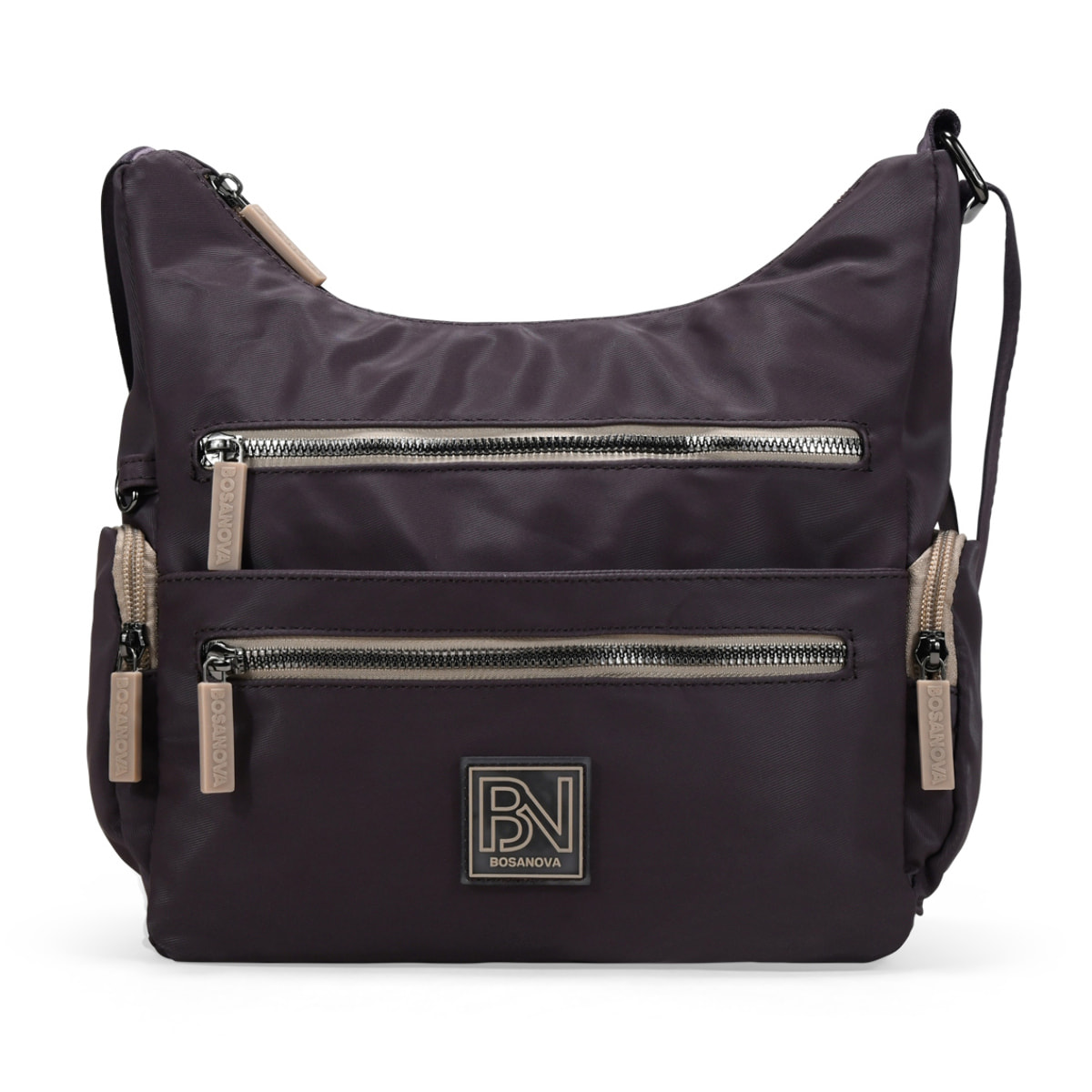 Bolso bandolera burdeos con cremalleras beige