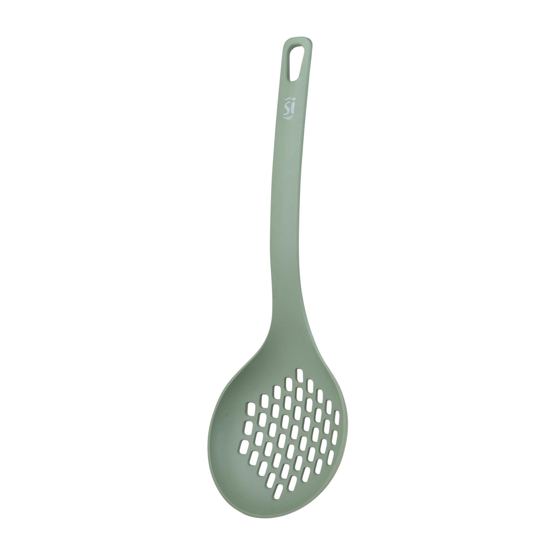 Juego de 4 utensilios de cocina: servidor de pasta (31×7,3 cm), cuchara de servir (33×5,8 cm), cucharón (31×9 cm) y espátula ranurada (31,5×7,4 cm), color negro, material PBT