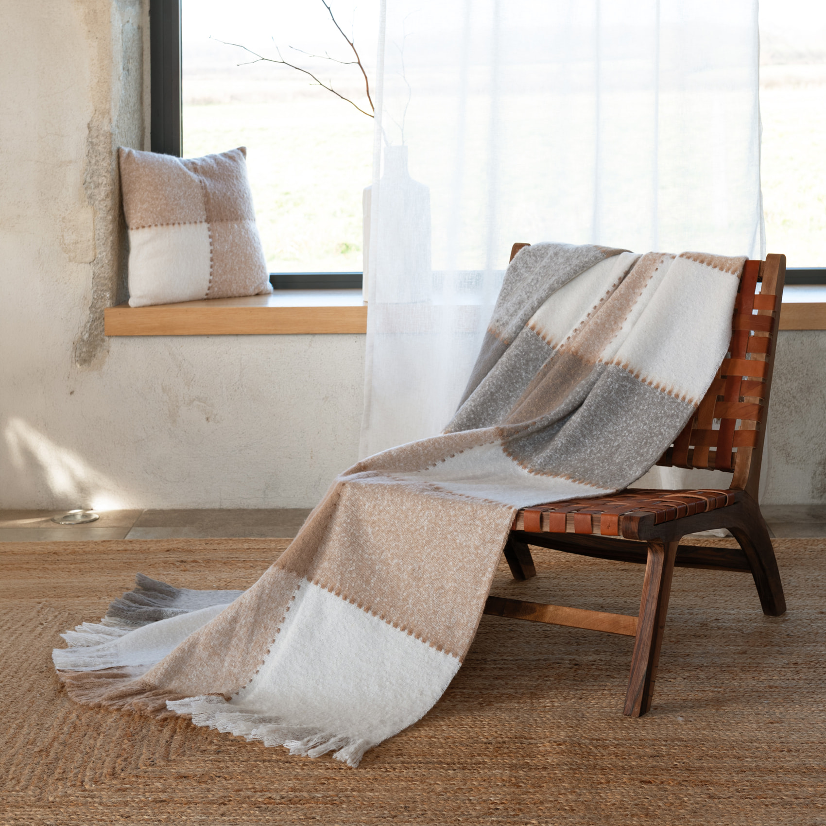 Plaid à carreaux aspect mohair - Beige