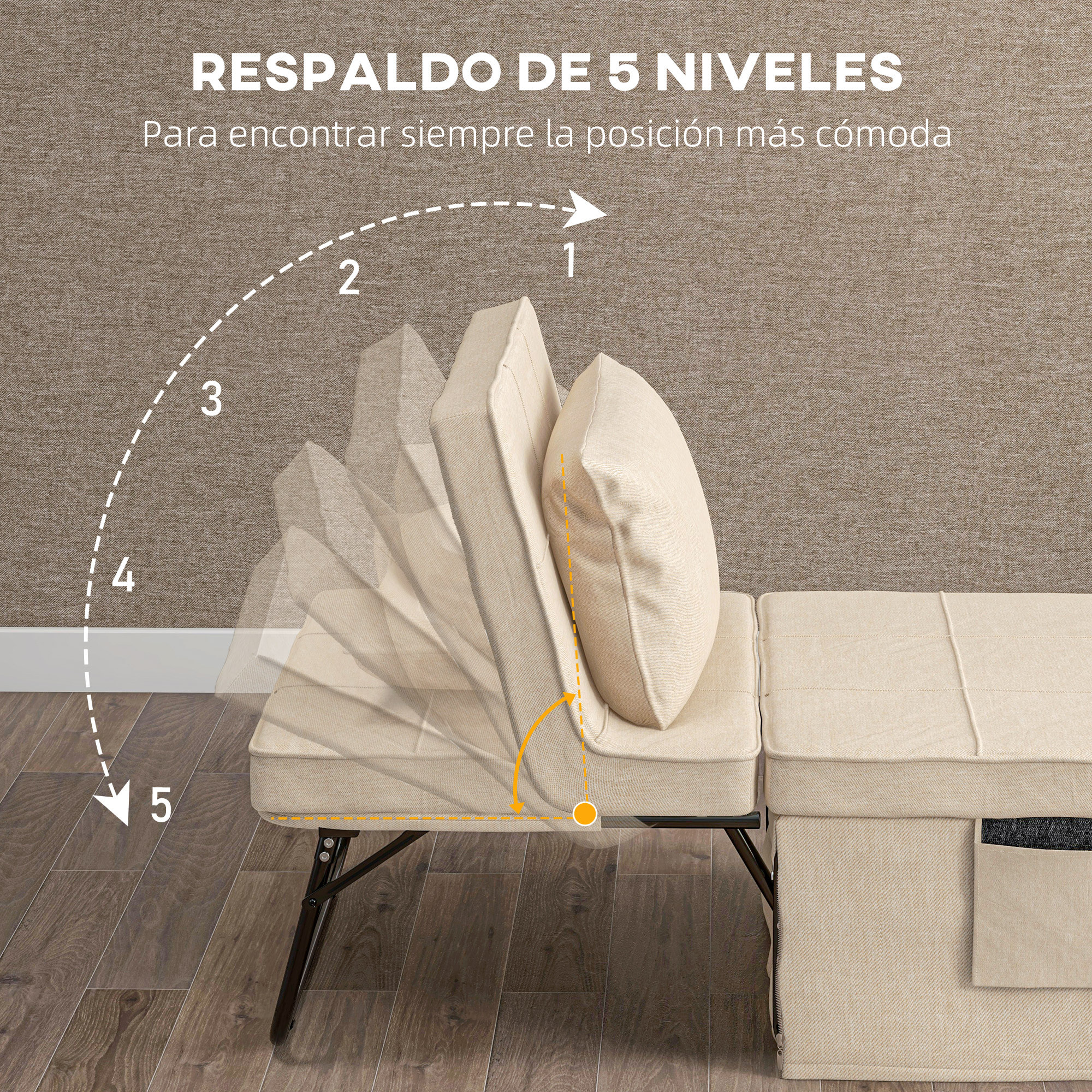 Sofá Cama de 1 Plaza 4 en 1, Sillón Cama Plegable, Tapizado en Lino, con Respaldo Ajustable de 5 Niveles, Almohada Acolchada, para Oficina, Dormitorio, Salón, 75x80x74 cm, Crema