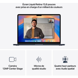 Ordinateur Apple MACBOOK Air 13,6" Puce M4 CPU 10 / GPU 8 coeurs Mémoire RAM 16Go Stockage 1To SSD Retina Minuit