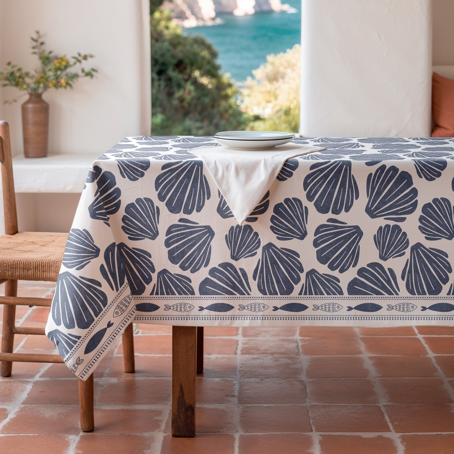 Nappe imprimée anti-tâches COQUILLAGE BLEU