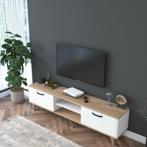 Mobile porta TV Dcastigli, Credenza da soggiorno, Armadio basso per TV, Base parete attrezzata, 180x35h49 cm, Bianco e Noce