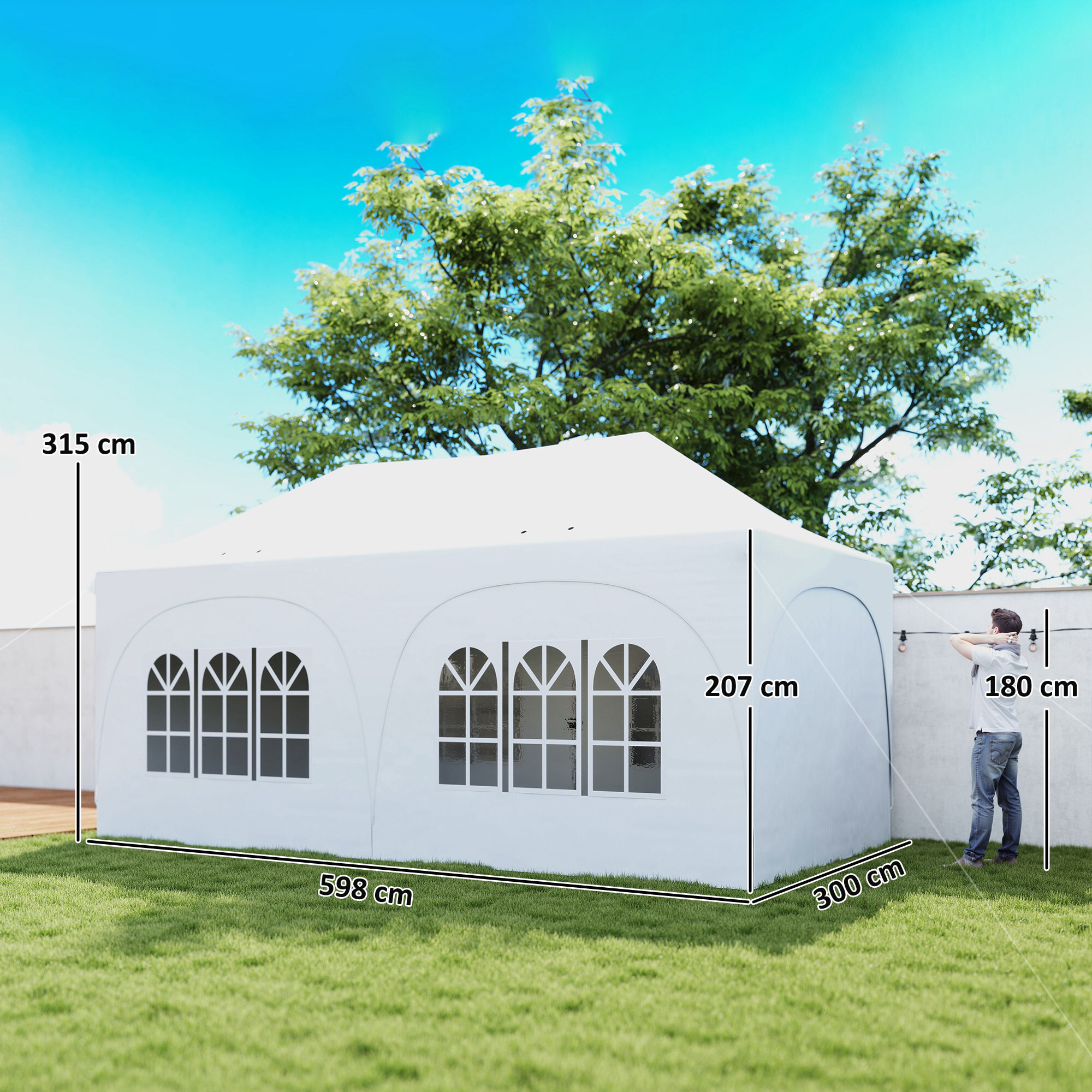 Tonnelle pliante 3x6m imperméable anti-UV, barnum avec 6 parois & 6 sacs de sable - tente de réception 12 trous de drainage - pavillon pop-up, 4 fenêtres église pour mariage, marché - blanc
