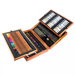 Set professionale per belle arti 174 pezzi in custodia di legno deluxe. Include matite, tubi di vernice acrilica, pastelli, pennarelli, pennelli e accessori.