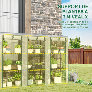 Serre de jardin balcon avec étagères métalliques 3 niveaux 3 portes acier noir PVC transparent