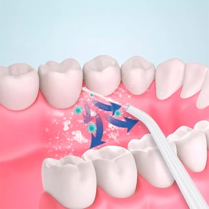 Irrigador bucal recargable con 4 boquillas. Déposito de 230ml, rotación de 360° y 3 modos de uso.