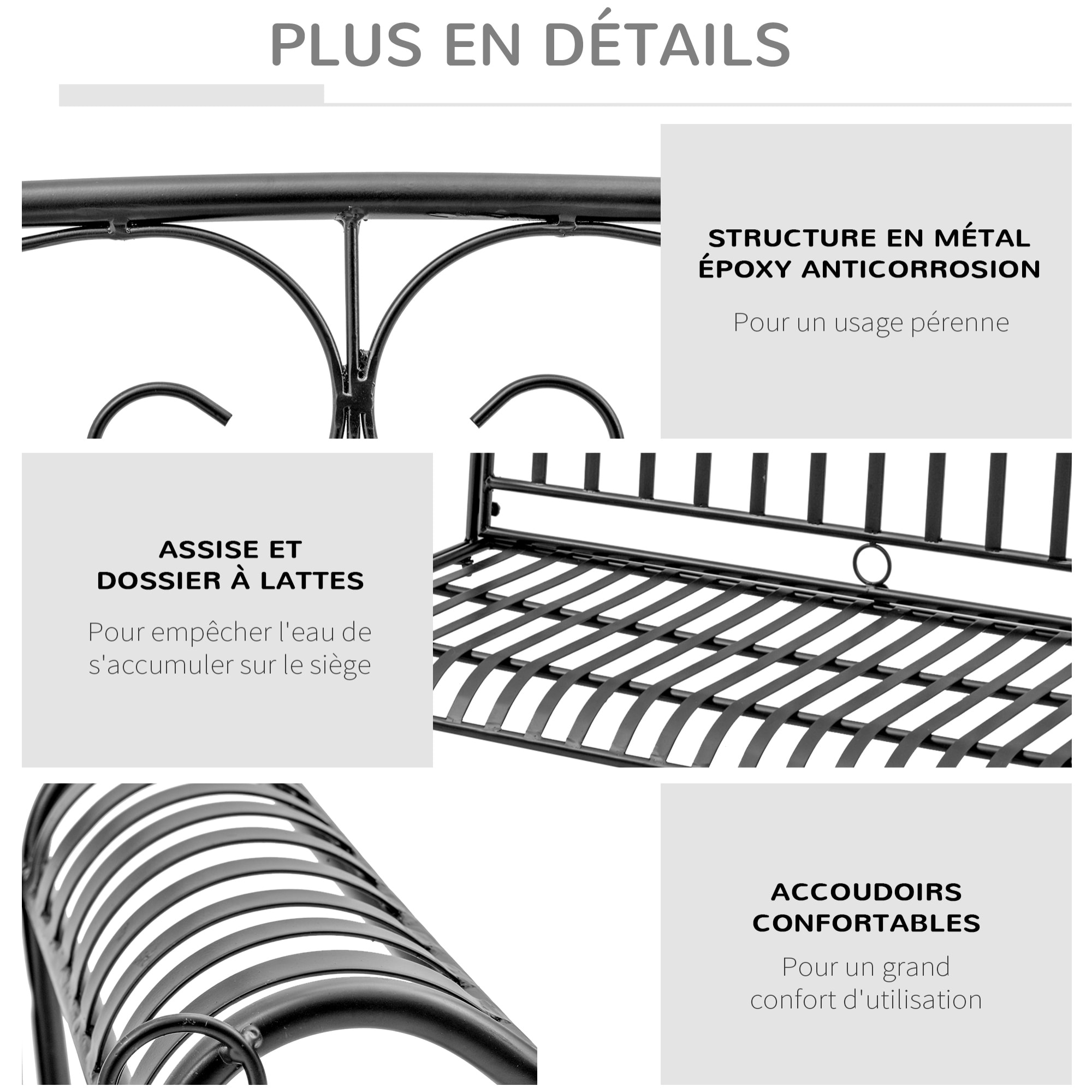 Banc suspendu 2 places balancelle de jardin en métal dim. 137L x 58l x 52H cm noir