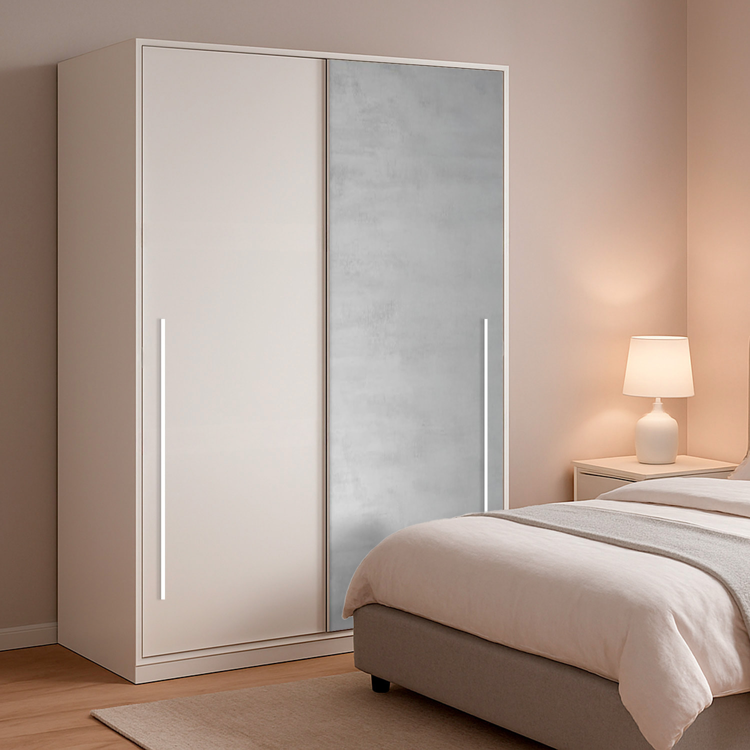 Armadio Guardaroba A Parete Con Ante Scorrevoli Barra Appendiabiti 4 Ripiani Salvaspazio Stile Scandinavo 200 x 120 x 50 Cm Bianco E Grigio Cemento