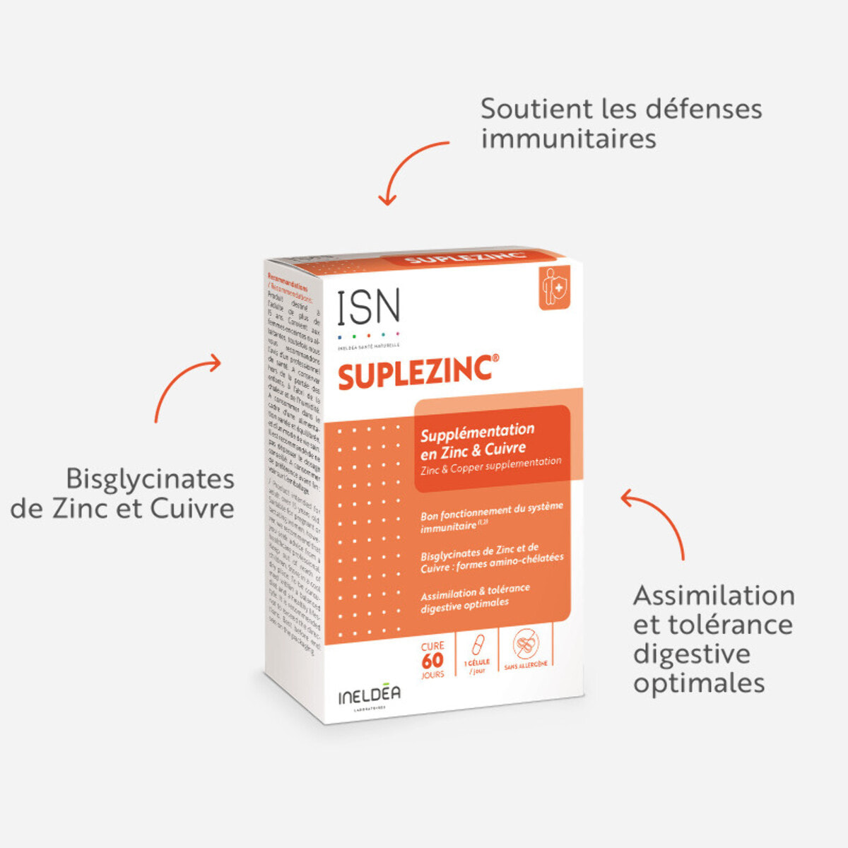 ISN - Suplezinc - Complément alimentaire avec Bisglycinates de Zinc et de Cuivre - Soutient le fonctionnement immunitaire et offre une action antioxydante - Cure de 2 mois