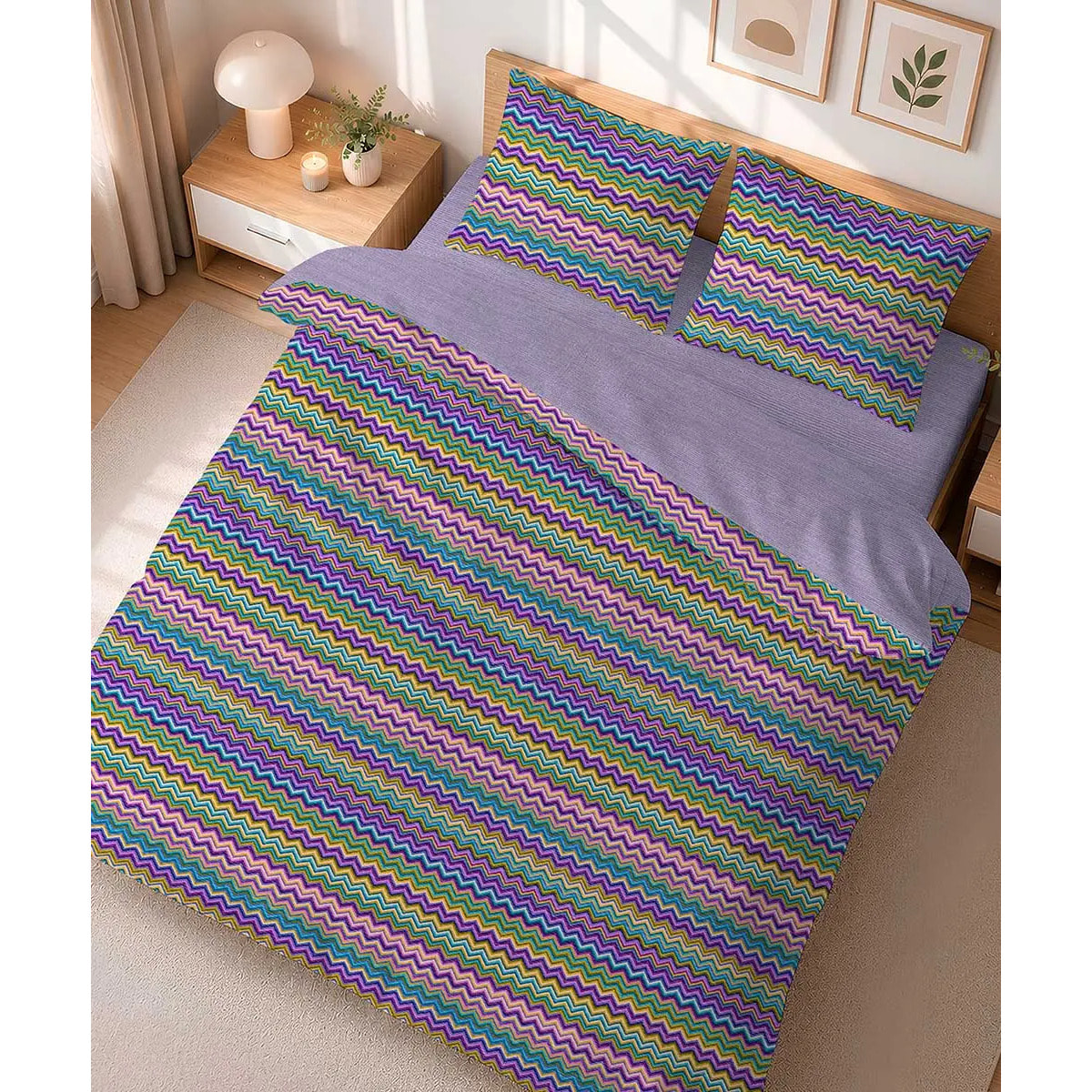 Parure Copripiumino Baia Lilla per letto singolo in 100% Cotone e Made in Italy, zig zag moderno
