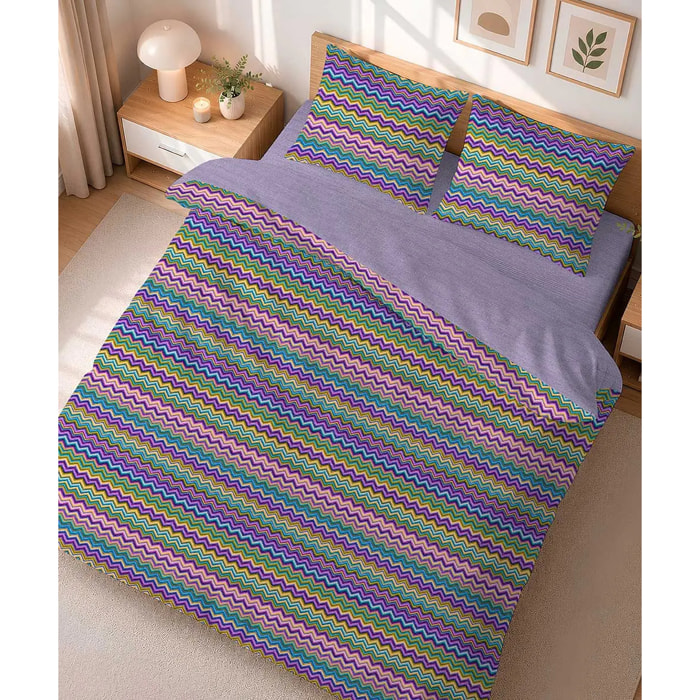Parure Copripiumino Baia Lilla per letto singolo in 100% Cotone e Made in Italy, zig zag moderno