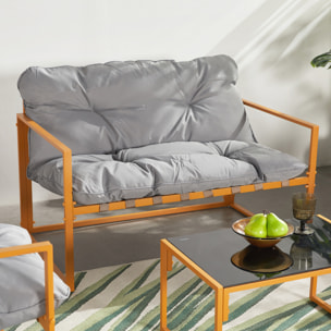 LANA Salon de jardin 4 places contemporain brun et coussins gris