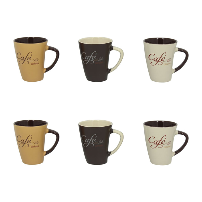 Lot de 6 mugs en grès 3 couleurs assorties 30cl CAFE PARISIEN