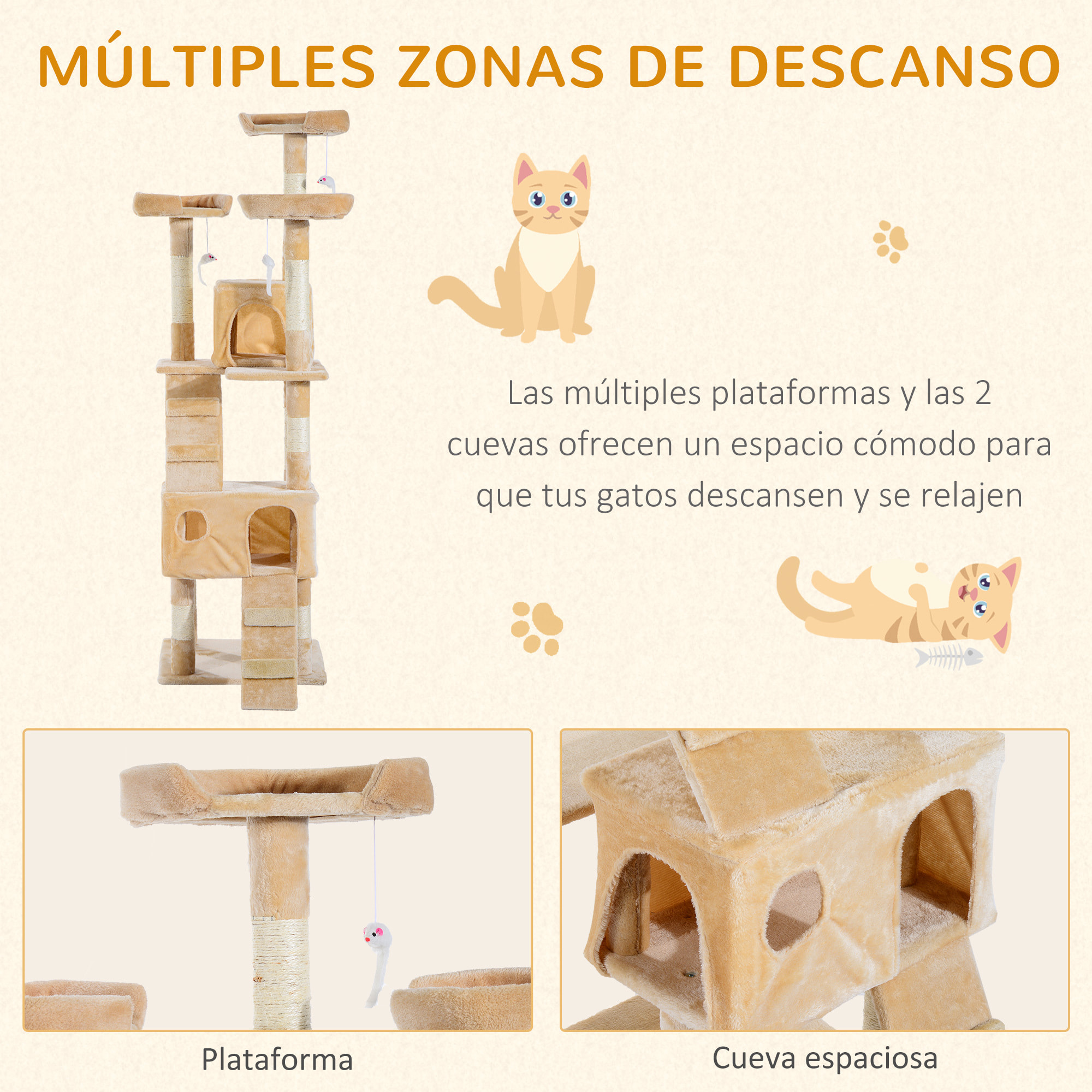 árbol Rascador para Gatos Grande 49x49x173 cm con Múltiples Niveles con Cuevas Escaleras Juguetes Colgantes Camas Centro Actividades Sisal Gris Oscuro