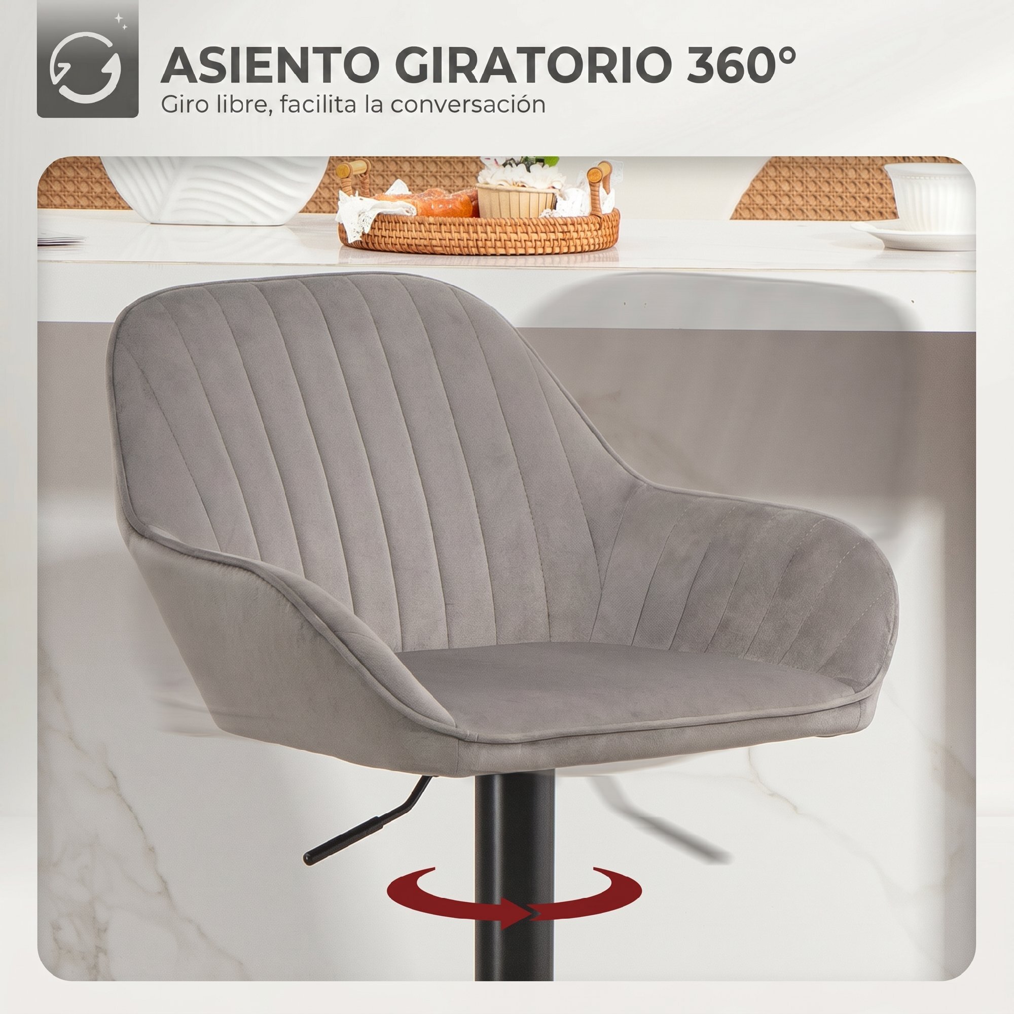 Juego de 2 Taburetes de Bar Giratorios, Taburetes Altos de Cocina con Altura Ajustable 62-83 cm, Sillas Altas de Cocina, Tapizada en Terciopelo, Respaldo y Reposapiés, Gris