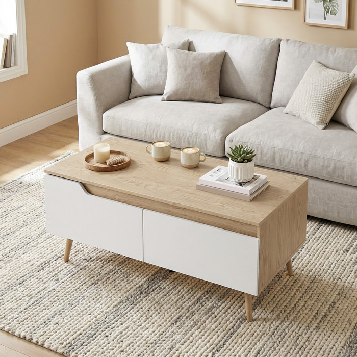 Mesa de Centro, Mesa baja para Salón Moderno con 2 Cajones, Patas de Madera de Pino, para Sala de Estar, Dormitorio, 100x50x46cm, Roble