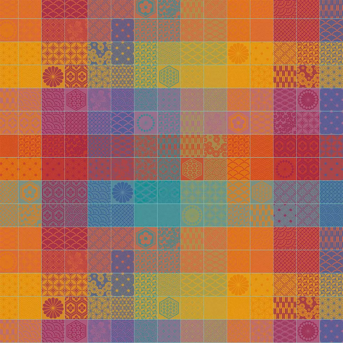 Nappe pur coton motif jacquard orange violet Mille hana floralies