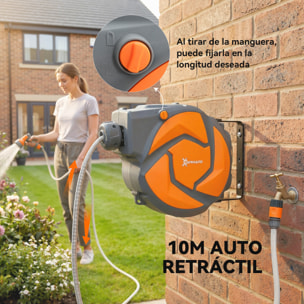 Enrollador de Manguera para Jardín 10+1 m con Boquilla de 7 Funciones, Carrete de Manguera de Jardín de Pared, Giratorio 180°, con Retorno Enrollado Automático, Gris Oscuro y Naranja