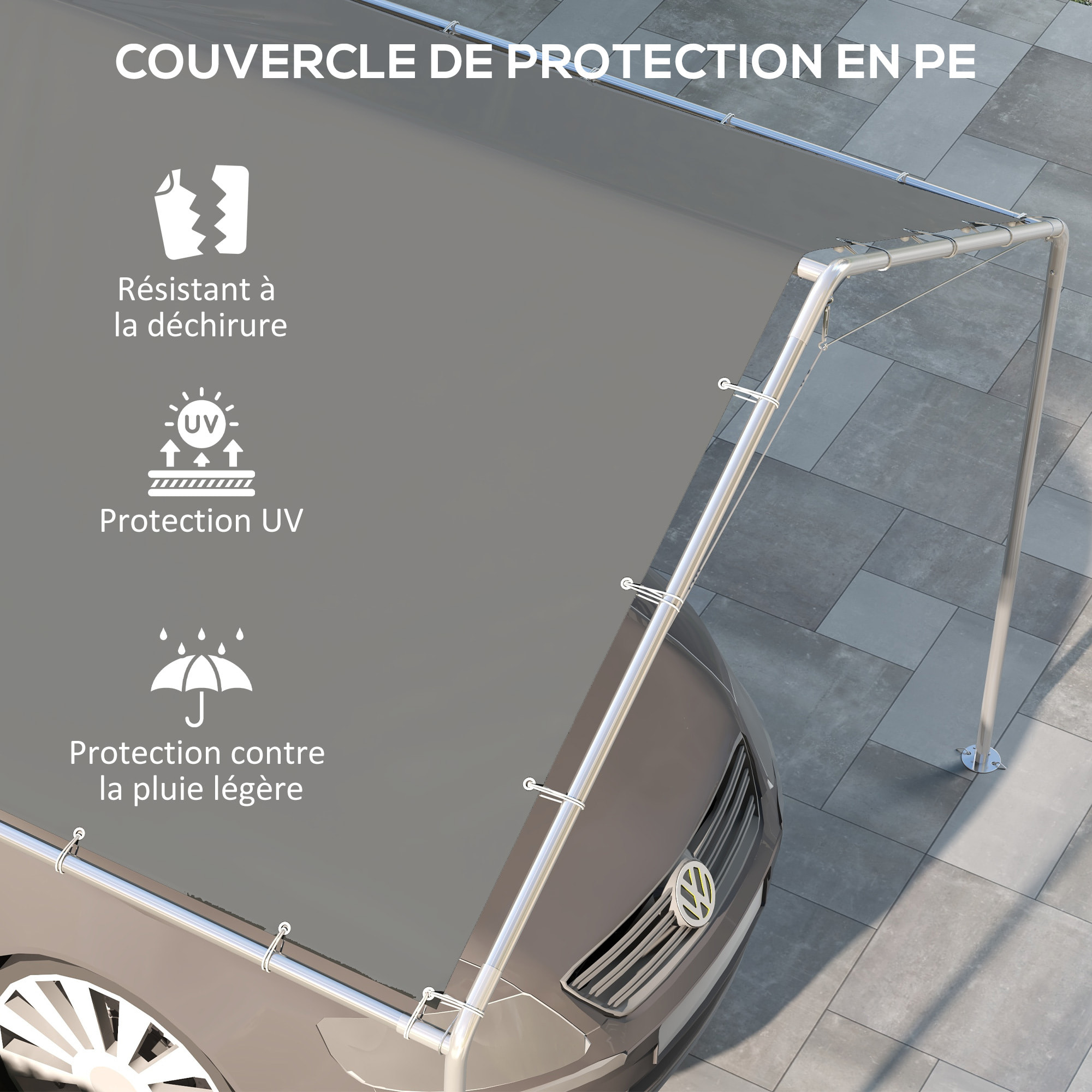 Toile de rechange carport auvent voiture dim. 6L x 3l m tendeurs élastiques inclus PE haute densité gris