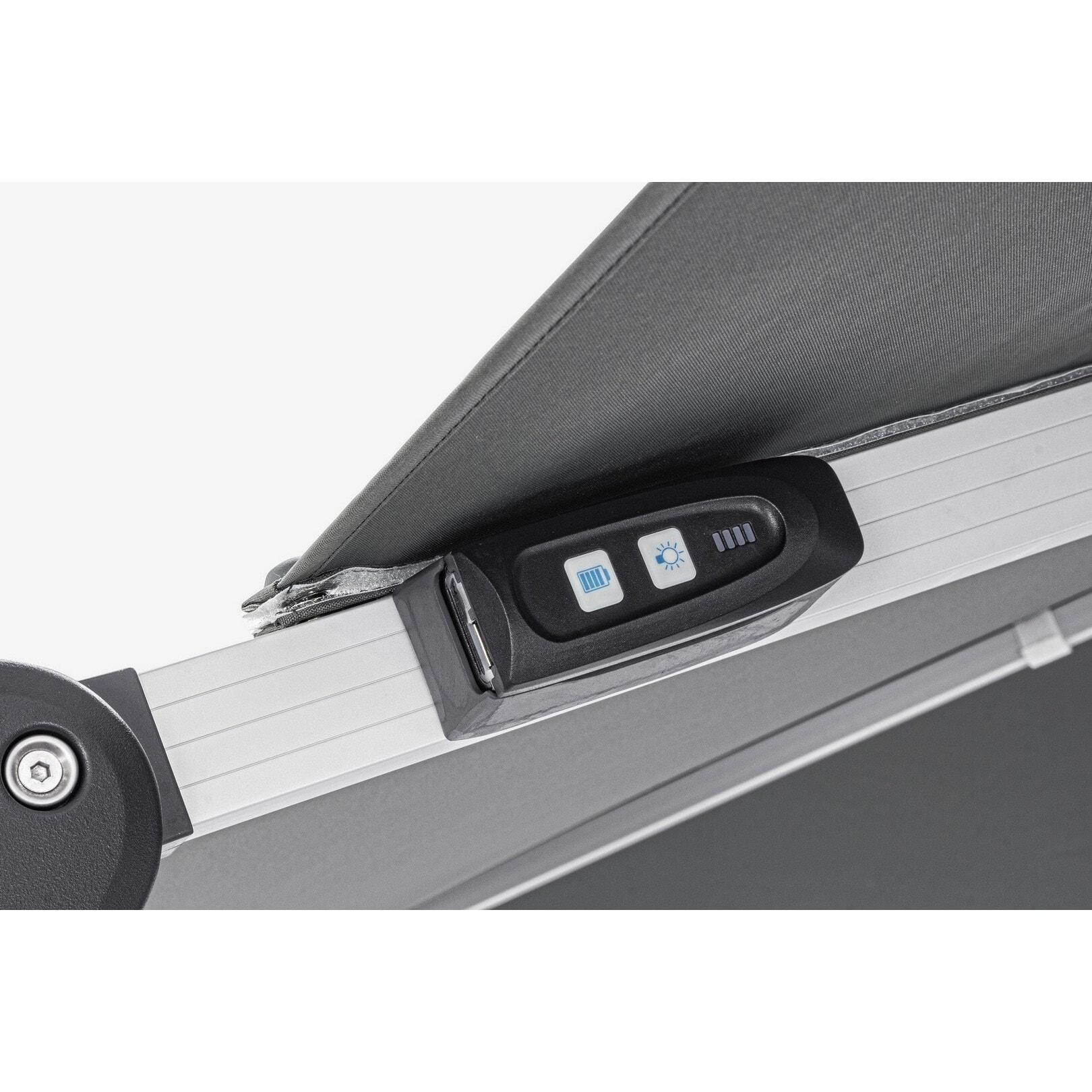 Ombrellone a braccio INES con luci LED in alluminio anodizzato e telo grigio scuro 3x3