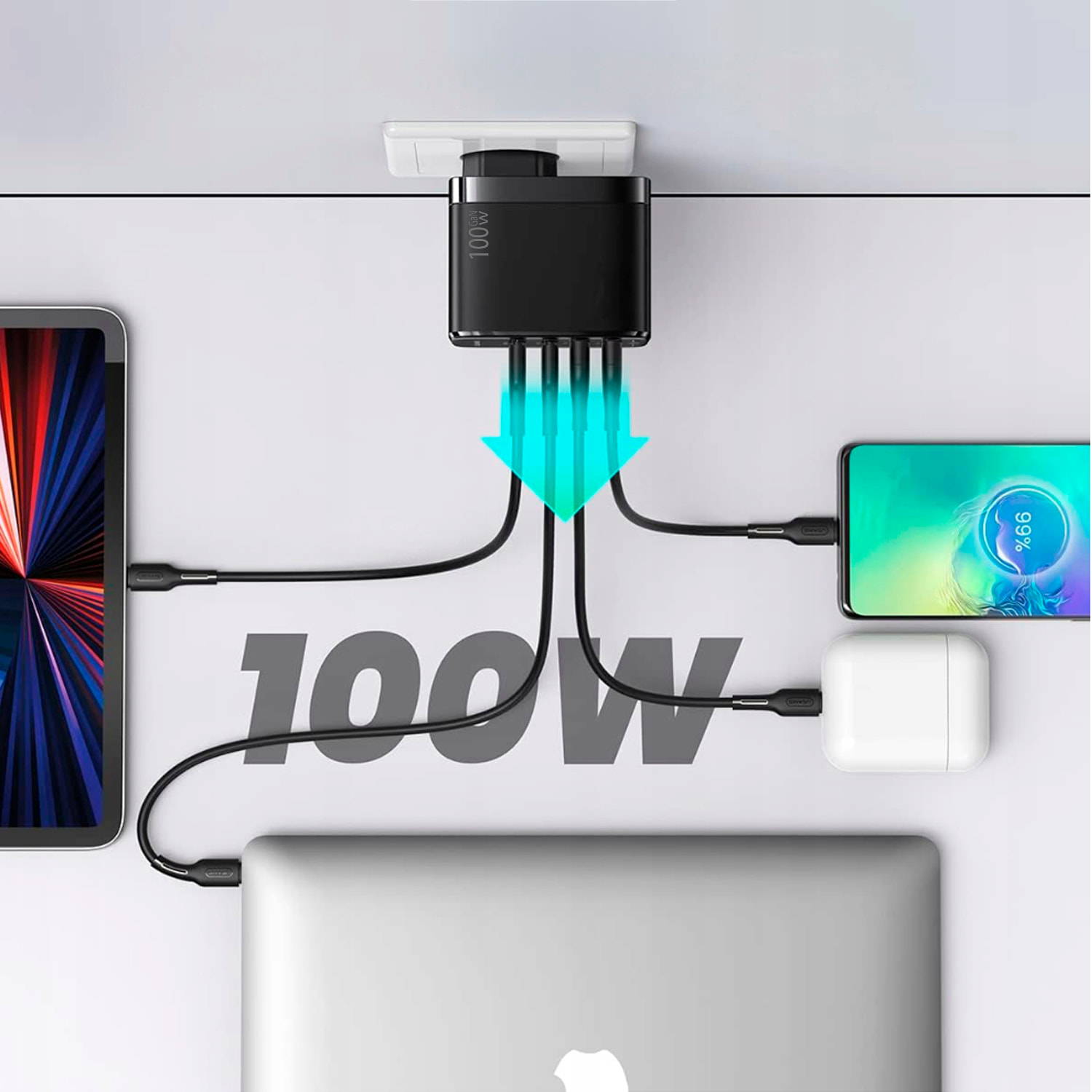 Caricatore USB con uscita PD100W + PD30 + doppio QC3.0 18W. Spina US/EU.