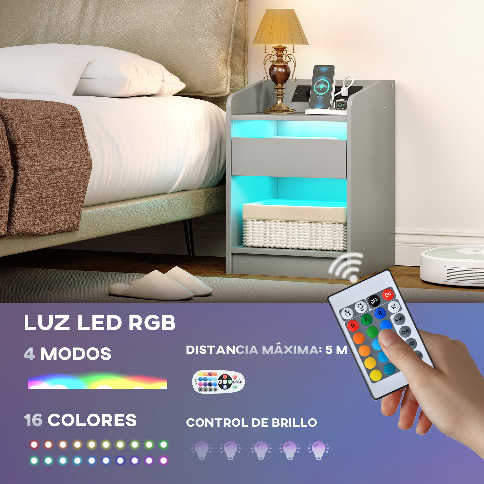 Mesita de Noche con Estación de Carga y Luz LED RGB, Mesilla de Noche Dormitorio con Cajón, Estante Abierto, Puertos USB y Control Remoto, para Salón, Estudio, 40x40x58 cm, Gris