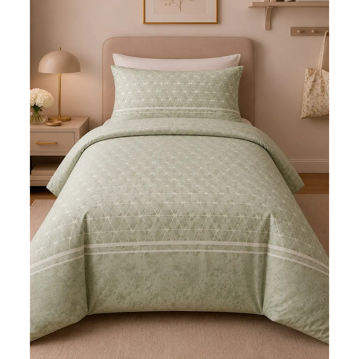 Parure Copripiumino Geo Verde in Cotone 100% Made in Italy, Stampa Digitale HD
