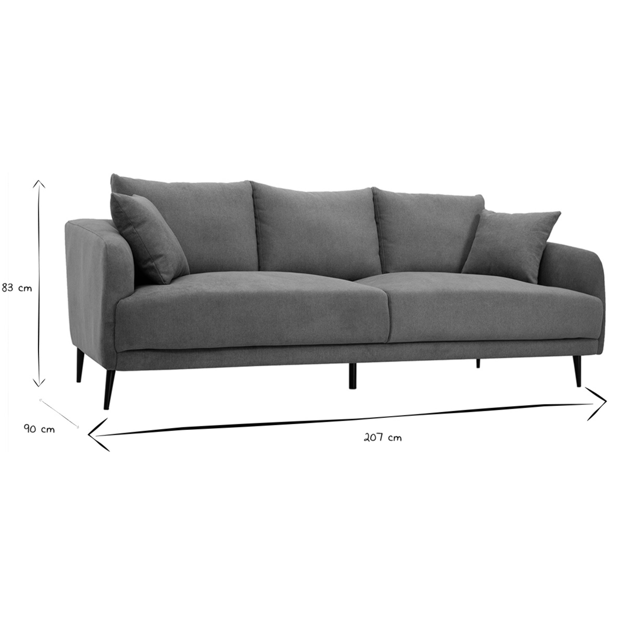 Canapé design 3 places en tissu effet velours gris et métal noir JERRY