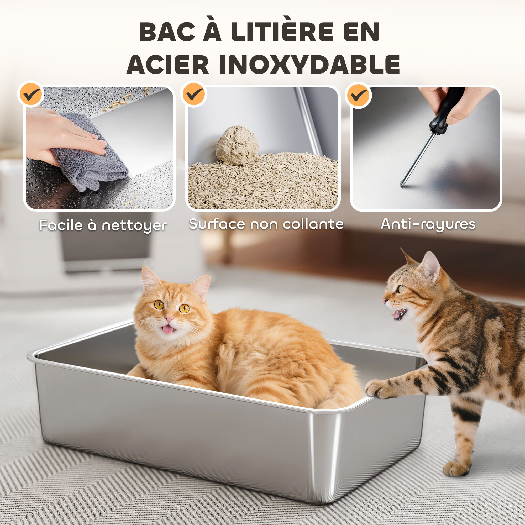 Bac à litière avec ouvercle pivotant 100° inox gris clair