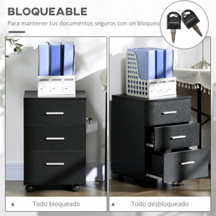 Cajonera de Escritorio con 3 Cajones, Cajonera de Oficina con Ruedas, Cerradura, 2 Llaves, Archivador Móvil, para Estudio, Salón, 40x40x61,5 cm, Negro