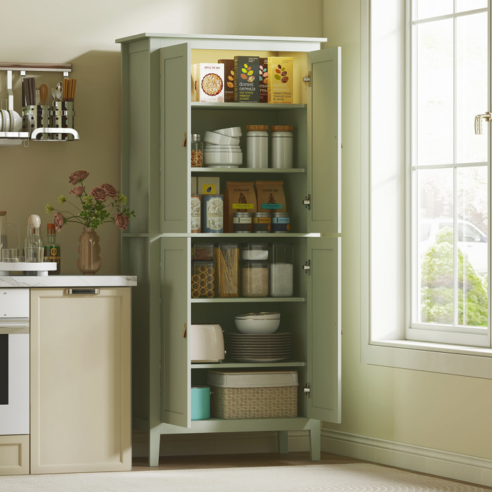 Armoire de cuisine LED - 4 portes, 6 niveaux - poignée bouton doré effet cuir MDF vert de gris