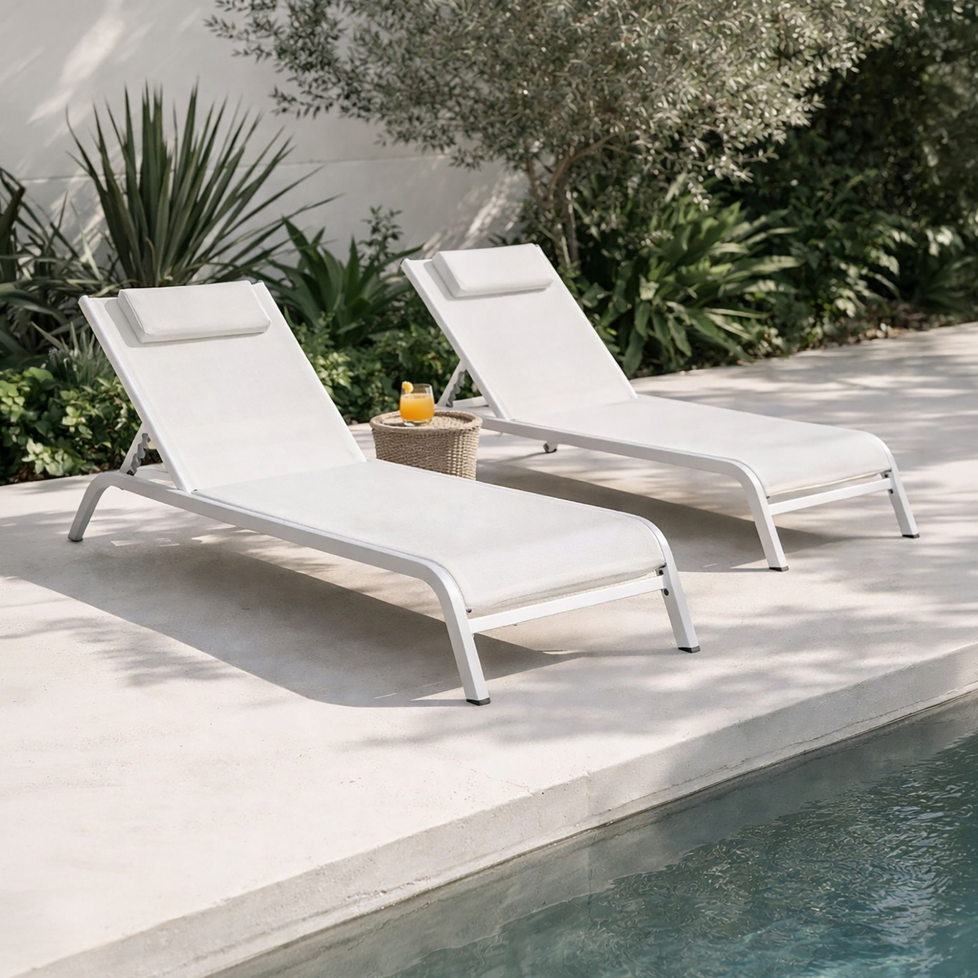 Lot de 2 chaises longues en acier inoxydable blanc NAPOLI