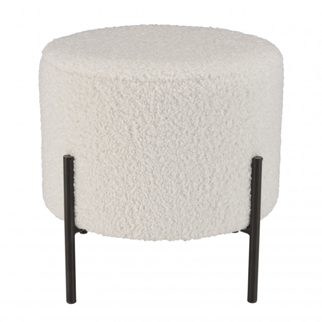 ALBANE - Tabouret rond 40x40cm tissu bouclette blanc pieds métal noir