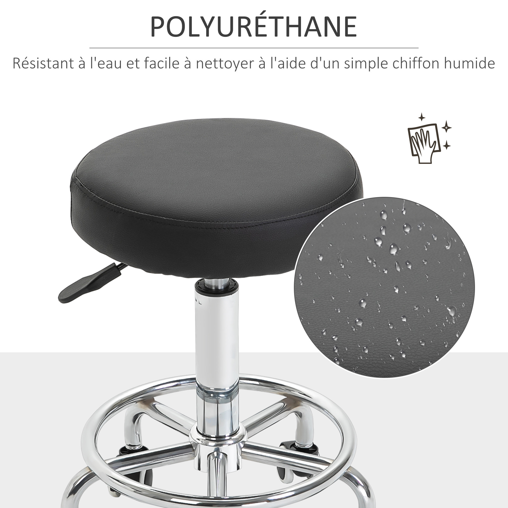 Vinsetto Tabouret à roulettes, tabouret de massage avec hauteur réglable 50-64 cm et assise rembourré, chaise de travail à roulettes pivotant 360°, pour salon de massage, tatouage, clinique, spa, noir