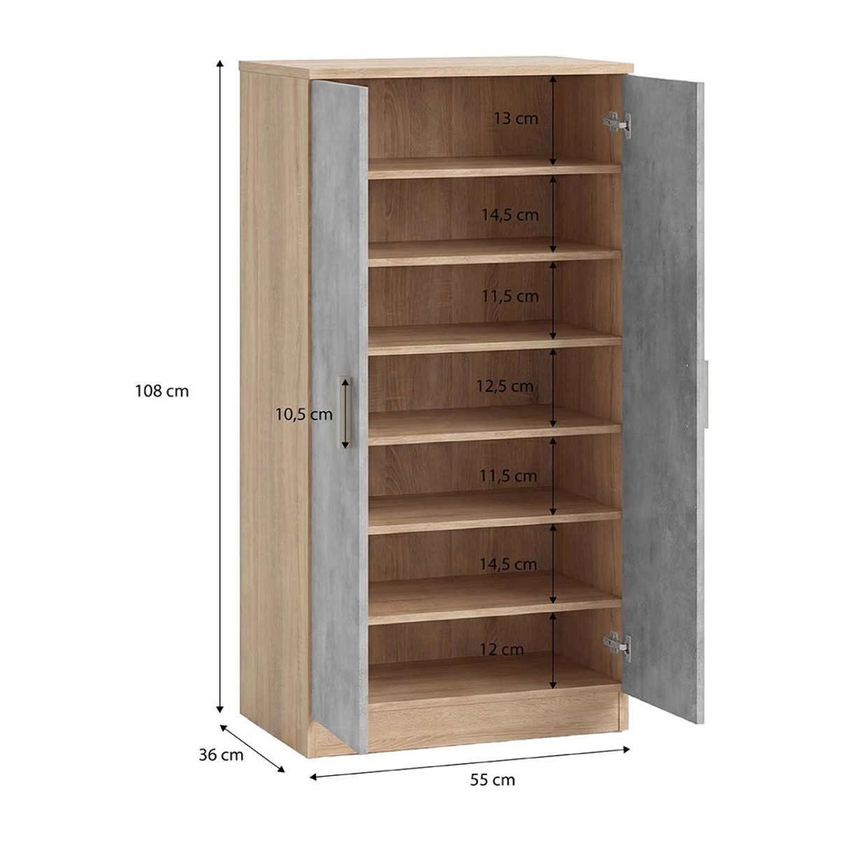Zapatero de 2 puertas en roble canadian y gris cemento 55x108 cm Liam Roble Canadian - Gris Cemento