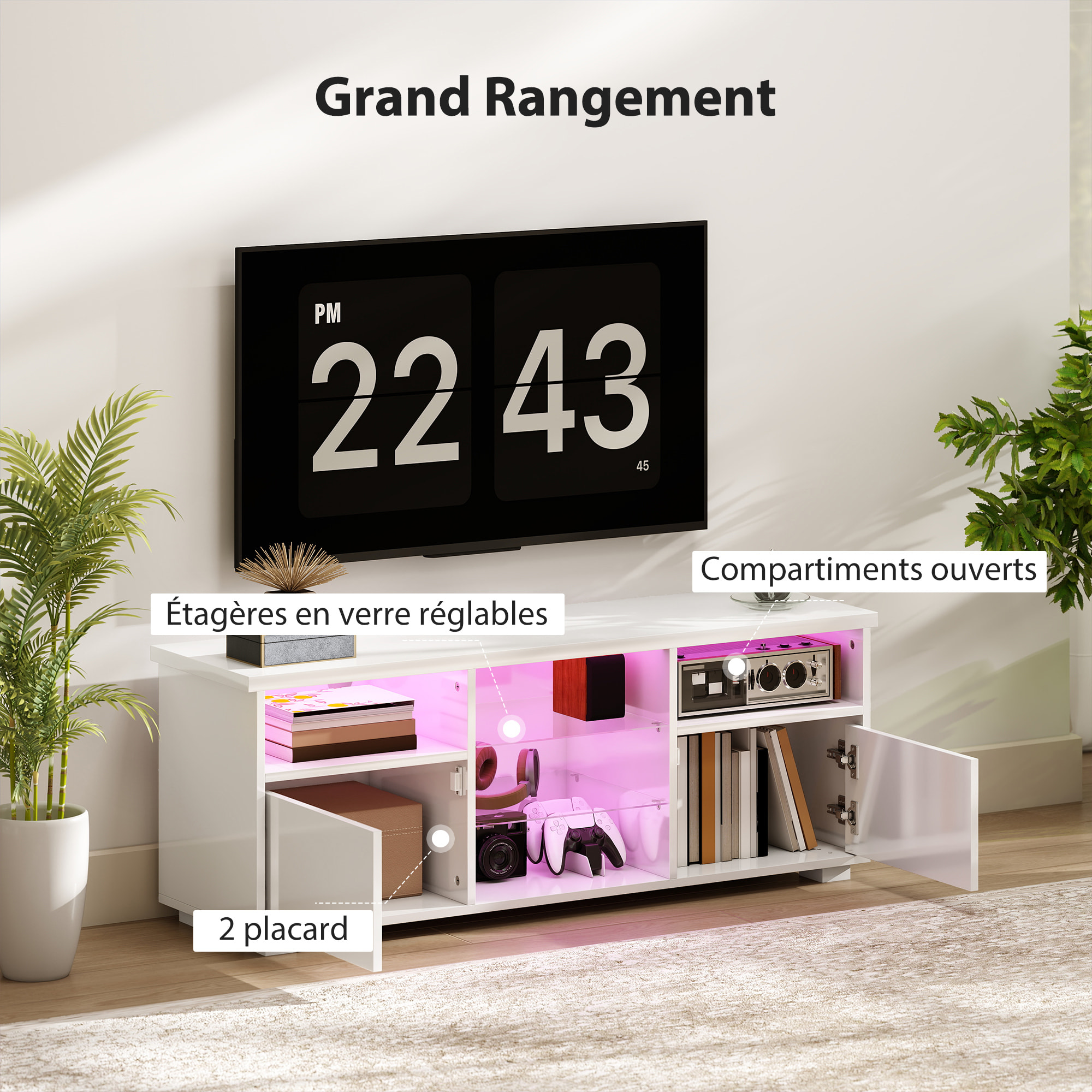 Meuble TV blanc laqué LED design multi-rangement dim. 120 x 34 x 45 cm