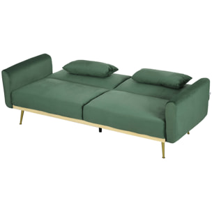 Canapé convertible 2 places inclinable style art-déco bois hévéa piètement effilé métal doré velours vert