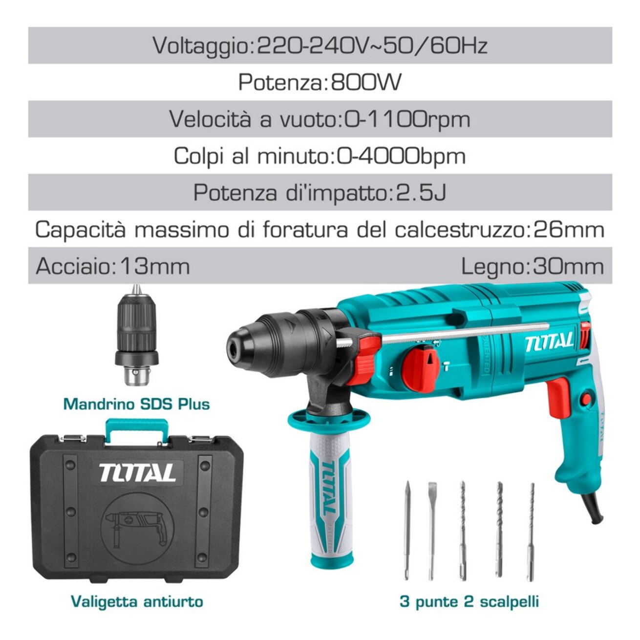 Martello Rotativo SDS Plus 800W 2,5J con mandrino di ricambio