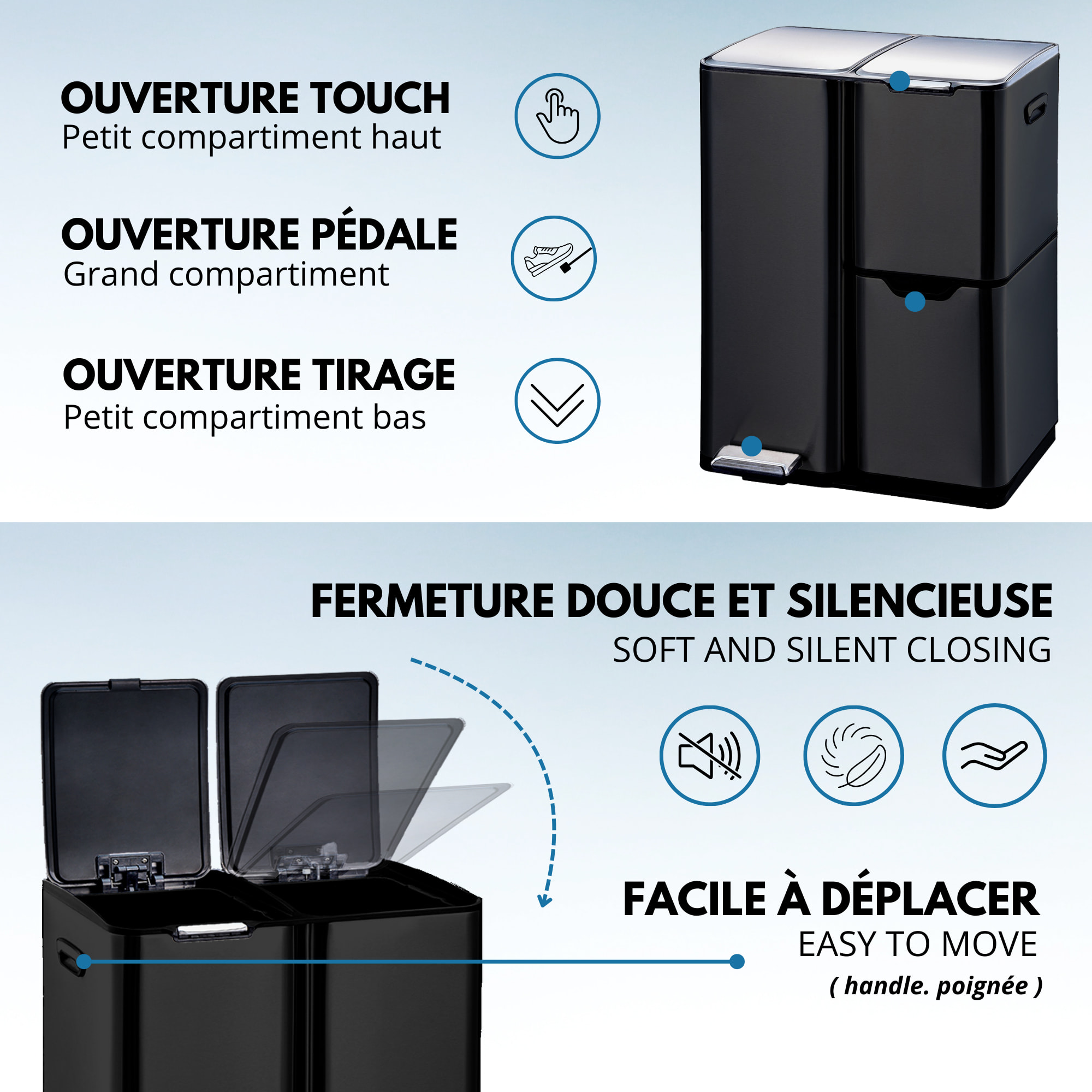 Poubelle de tri inox HAJA 60L 3bacs